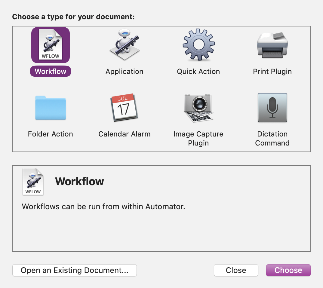 Automator screenshot showing new document selection