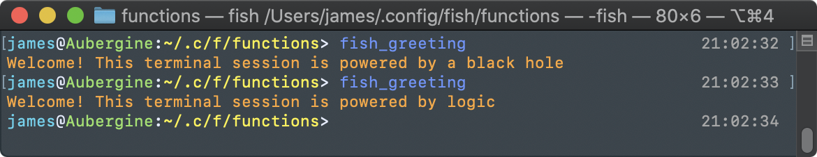 Terminal screenshot showing the output of fish_greeting