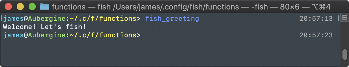 Terminal screenshot showing the output of fish_greeting
