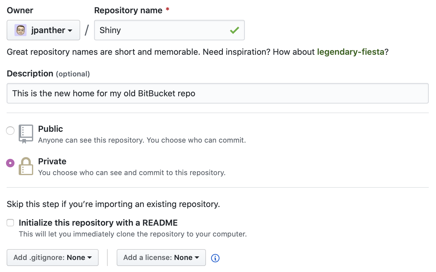 GitHub screenshot showing the new repository details screen