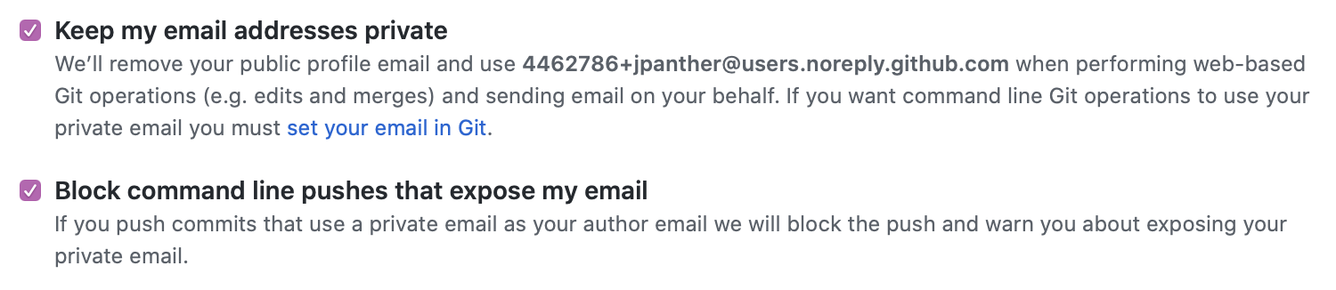 GitHub screenshot showing email privacy settings