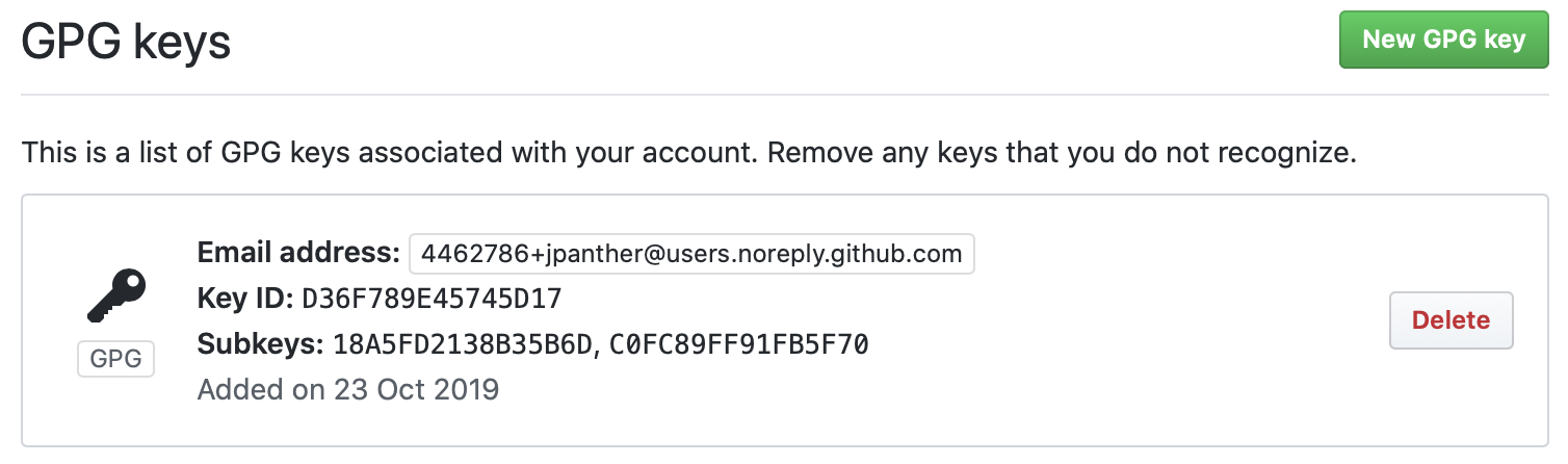 GitHub screenshot showing the GPG key added to the account