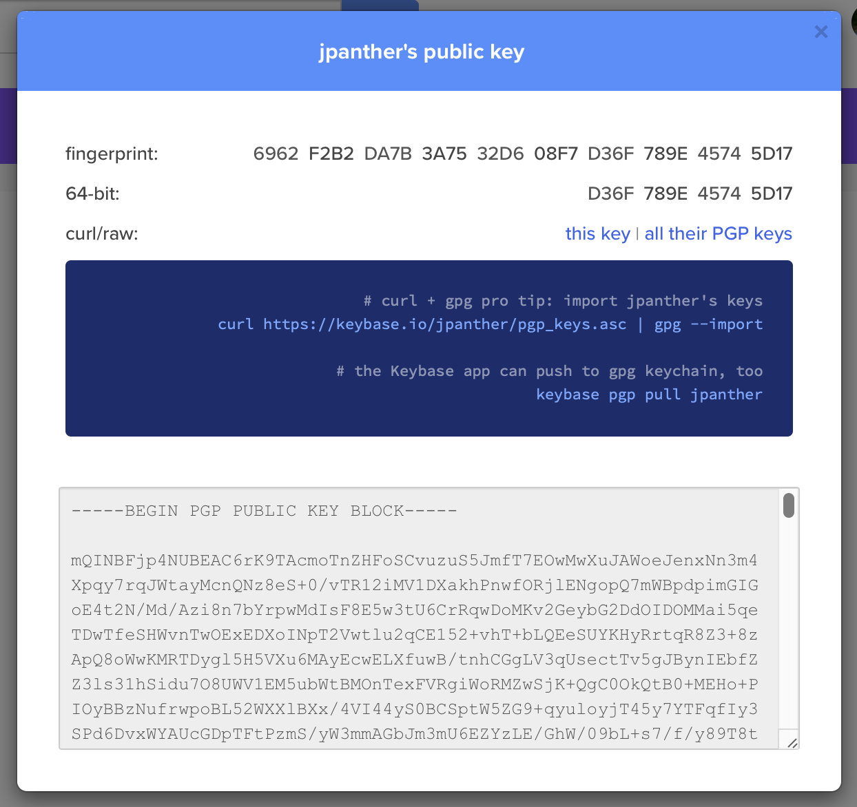 Keybase profile screenshot showing the public PGP key details